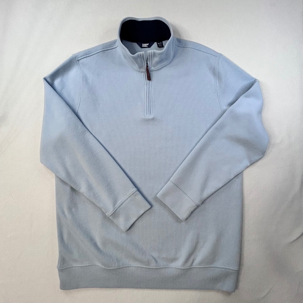 Lands End Mens XL Tall Light Blue Ribbed Quarter Zip Pullover Sweater Mock Neck